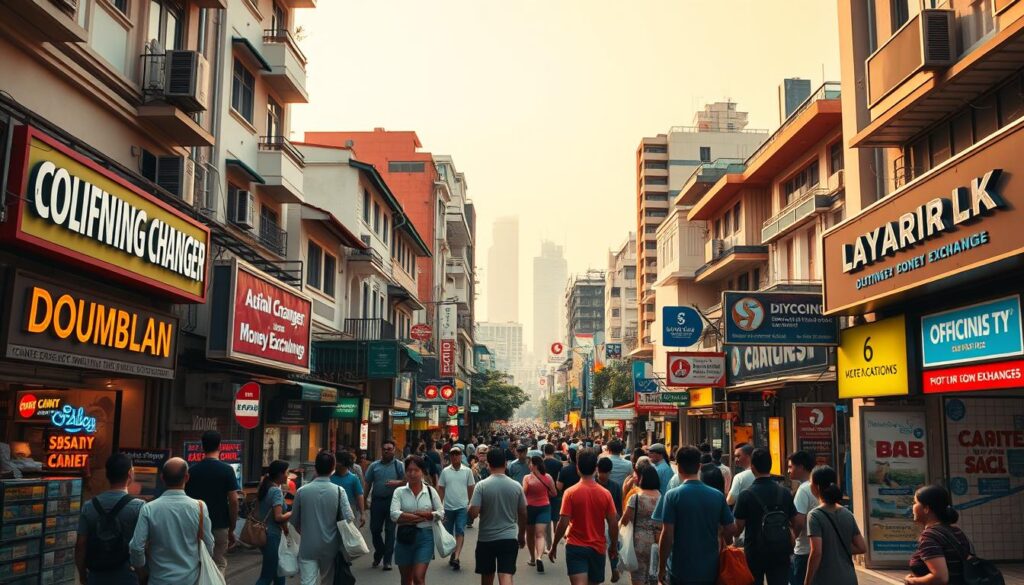 A bustling heartlands street in Singapore, filled with a diverse array of money changers. In the foreground, a cluster of storefronts with neon signs advertising their currency exchange services. Customers line up, bags in hand, seeking the best rates. The middle ground showcases the vibrant mix of architectural styles, from colonial shophouses to modern high-rises. In the background, a hazy skyline punctuated by the iconic towers of the city-state. Warm, diffused lighting casts a golden glow, highlighting the energy and activity of this bustling financial hub. A wide-angle lens captures the dynamic scene, showcasing the thriving heartlands of Singapore's currency exchange landscape.