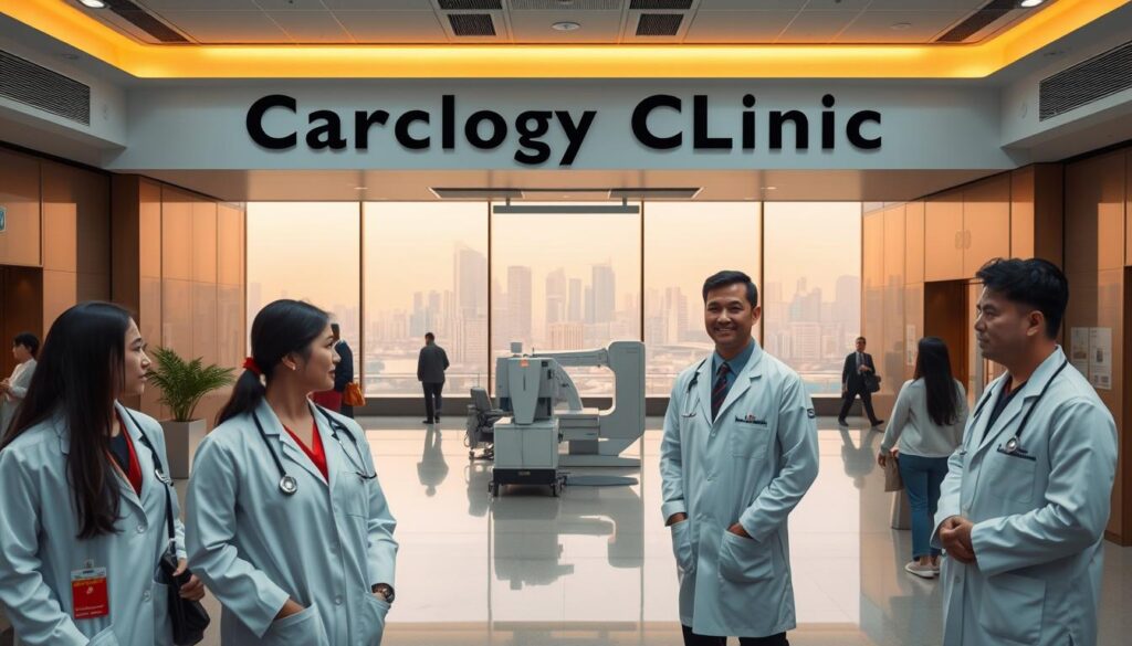 A bustling hospital lobby in Singapore, with a large signage displaying "Cardiology Clinic". In the foreground, three cardiologists in white coats stand ready to assist patients - one specializing in electrophysiology, another in interventional cardiology, and the third in echocardiography. The middle ground showcases a state-of-the-art diagnostic imaging suite, where patients undergo cardiac stress tests and angiograms. The background features a panoramic view of the city skyline, bathed in warm, golden lighting that creates a calming, professional atmosphere. The overall scene conveys the depth of expertise and specialized care available to cardiovascular patients in Singapore.