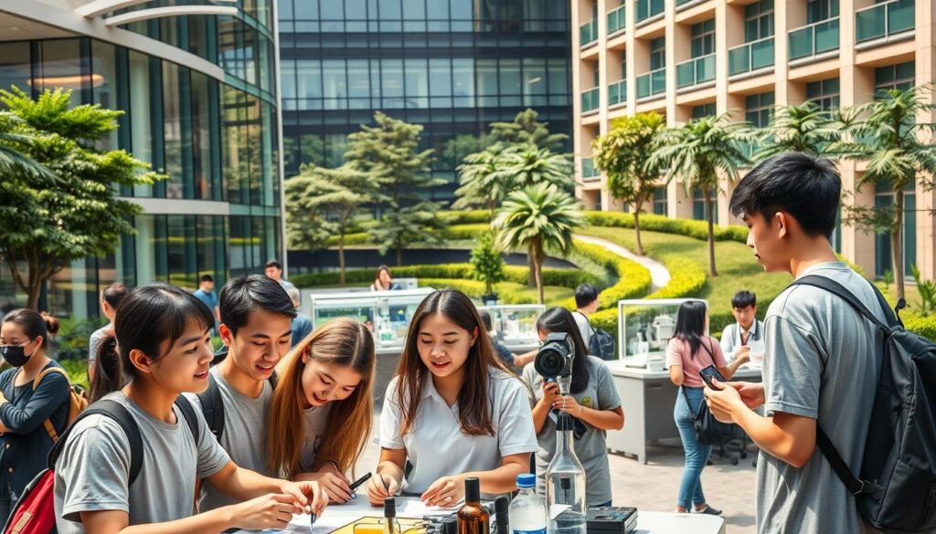 A bustling junior college campus in Singapore, with students engaged in diverse, innovative programs. The foreground features a group of students collaborating on a cutting-edge project, their faces alight with enthusiasm. In the middle ground, a state-of-the-art laboratory where students conduct advanced scientific experiments. The background showcases the college's modern architecture, with sleek glass facades and lush, well-manicured gardens. Warm, natural lighting bathes the scene, creating a vibrant, energetic atmosphere that captures the spirit of exploration and discovery inherent in these unique educational offerings.