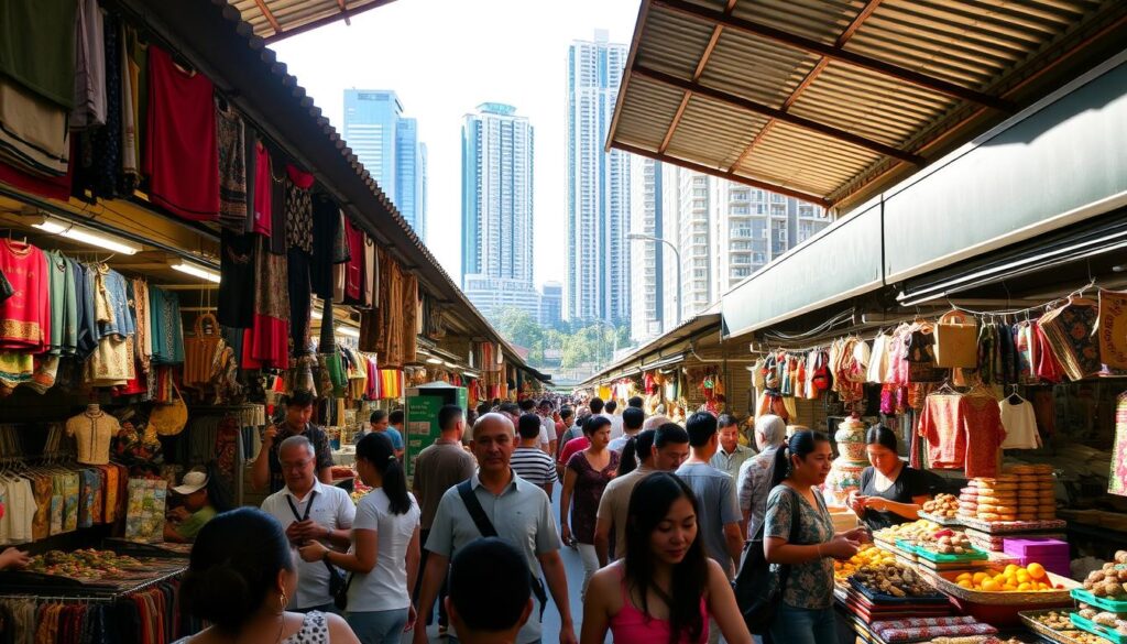 A bustling market in the heart of Singapore, stalls brimming with vibrant fabrics, handcrafted trinkets, and local delicacies. Shoppers navigate the crowded alleyways, haggling for the best deals, their faces alight with the thrill of the hunt. Sunlight filters through the corrugated roofs, casting a warm glow over the scene. In the background, towering skyscrapers serve as a modern backdrop, a reminder of the city's rapid development. The atmosphere is one of lively energy, where the pursuit of budget-friendly finds is as much a cultural experience as it is a practical endeavor.