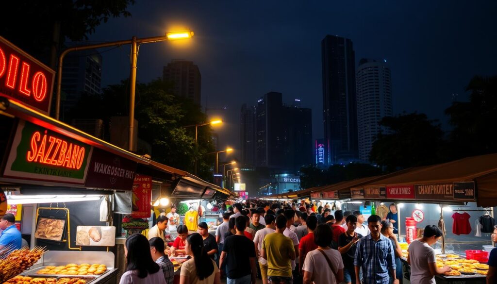 A bustling night market in Singapore, the air thick with the aroma of sizzling street food. In the foreground, a vibrant display of colorful hawker stalls, their neon signs casting a warm glow over the scene. Skewers of juicy satay, steaming bowls of fragrant laksa, and crispy roti prata sizzle on the griddles. In the middle ground, a lively crowd of locals and curious tourists, chatting animatedly as they savor the delectable offerings. In the background, the silhouettes of towering skyscrapers and the faint hum of the city at night, creating a dynamic, urban atmosphere. Lit by the soft, golden light of the streetlamps, this late-night hawker scene captures the essence of Singapore's vibrant and diverse food culture.