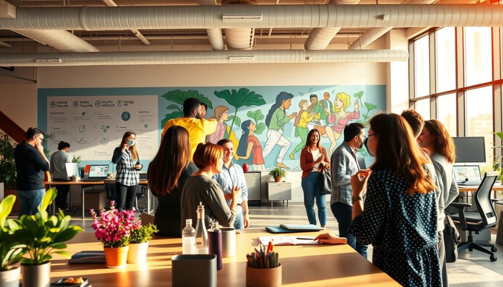 A bustling office scene, illuminated by warm, natural lighting streaming through large windows. In the foreground, a group of employees engaged in a collaborative meeting, discussing ideas and strategies for supporting their colleagues during the pandemic. The middle ground showcases a variety of wellness initiatives, such as yoga classes, healthy snack stations, and ergonomic workstations. In the background, a vibrant mural adorns the wall, depicting a diverse team working together to overcome challenges. The overall atmosphere conveys a sense of camaraderie, empowerment, and a strong commitment to employee well-being.