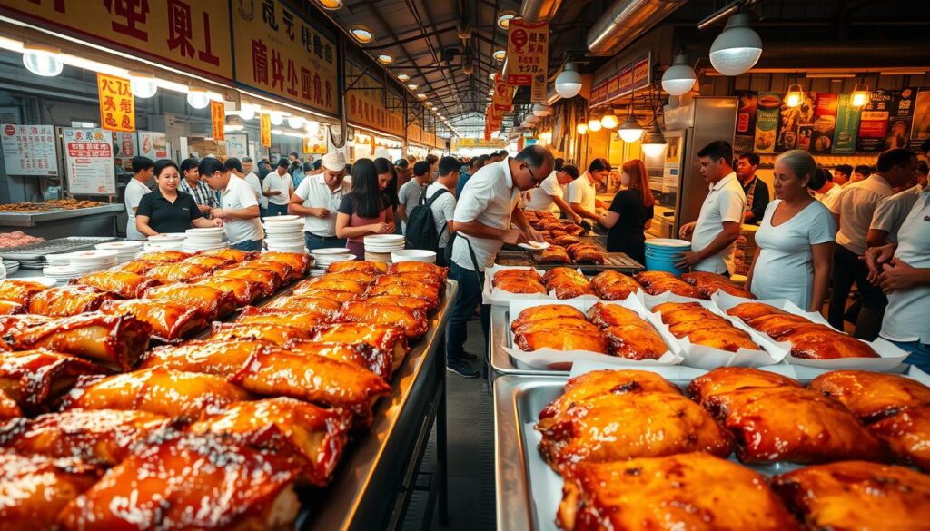 A bustling open-air market in Singapore, filled with the tantalizing aroma of perfectly roasted pork. In the foreground, rows of glistening, golden-brown roast pork sit atop gleaming metal trays, their crispy skin beckoning passersby. In the middle ground, vendors in crisp white uniforms expertly slice the tender meat, arranging it with care on paper-lined plates. The background is a kaleidoscope of activity - a sea of people weaving through the stalls, the sound of sizzling oil and clinking dishes creating a symphony of culinary delight. Warm, soft lighting casts a cozy glow, highlighting the vibrant colors and textures of the scene. This is the quintessential Singaporean roast pork experience, a must-visit for any food enthusiast.