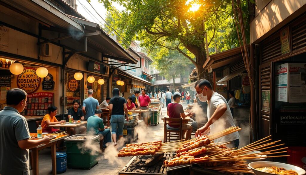 A bustling outdoor food market in the heart of Singapore's historic Brickworks district. Vibrant stalls line the narrow alleyways, offering an array of traditional Singaporean street food delicacies. Smoke and sizzling aromas waft through the air, drawing in hungry passersby. In the foreground, a vendor deftly fries up fragrant satay skewers over charcoal. In the middle ground, patrons sit at communal tables, savoring steaming bowls of laksa and mouthwatering char kway teow. The background is framed by weathered shophouses and lush tropical foliage, evoking the rich heritage of this beloved local haunt. Warm, golden sunlight filters through the lush canopy, casting a welcoming glow over the bustling scene.