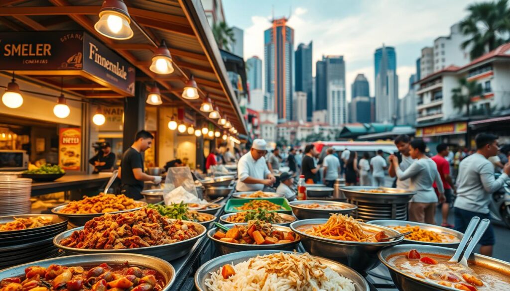 A bustling outdoor hawker center in Singapore, filled with the aromas of sizzling spices and simmering curries. In the foreground, a display of traditional Malay dishes: mouthwatering rendang, fragrant nasi goreng, and colorful laksa, served with fresh ingredients and garnished with crunchy fried shallots. The middle ground showcases lively chefs preparing the dishes with precision, their skillful hands moving effortlessly. In the background, a vibrant mix of Singaporean shophouses and modern high-rises create a captivating cityscape, bathed in warm, golden-hour lighting that casts a cozy, inviting atmosphere. The scene captures the essence of authentic Malay cuisine thriving in the heart of multicultural Singapore.