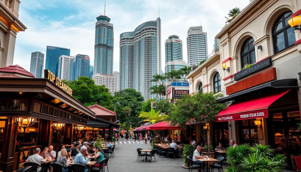 A bustling outdoor scene featuring the top steakhouses in Singapore. In the foreground, a high-end steakhouse with a lively atmosphere, its facade adorned with elegant signage and warm lighting. Patrons can be seen dining al fresco, savoring mouthwatering cuts of premium beef. In the middle ground, additional premium steakhouses line the streets, each with its own distinct architectural style and ambiance. The background showcases the iconic Singapore skyline, with towering skyscrapers and lush greenery creating a vibrant, cosmopolitan backdrop. The overall scene conveys a sense of culinary excellence, sophistication, and the city's reputation as a premier dining destination.