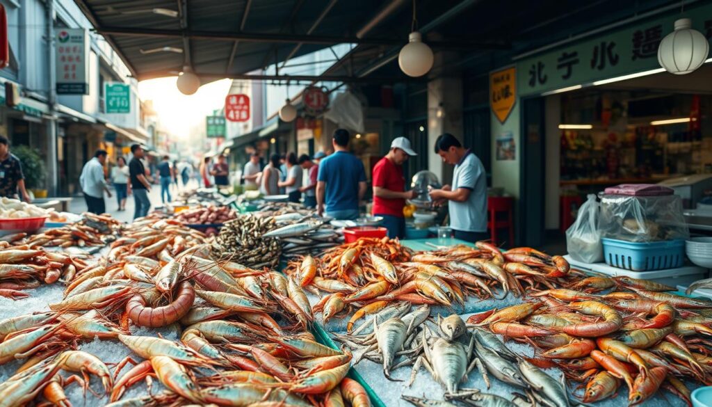 A bustling outdoor seafood market in the heart of East Singapore, vibrant with the sights and aromas of freshly caught local delicacies. In the foreground, an array of glistening prawns, crabs, and fish displayed on iced stalls, their colors and textures beckoning passersby. In the middle ground, lively vendors in traditional attire haggle with customers, the air alive with the sounds of lively negotiations. The background reveals the quaint shophouses and bustling streets of the neighborhood, bathed in the warm glow of the afternoon sun, creating a scene of authentic local flavor. Soft, diffused lighting accentuates the textures and highlights the freshness of the seafood, evoking a sense of culinary excitement and anticipation.