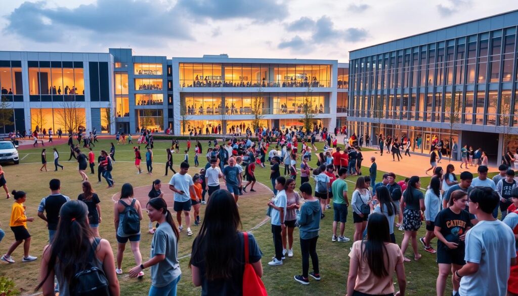 A bustling scene of co-curricular activities in a vibrant junior college campus. In the foreground, students enthusiastically participate in a variety of sports and clubs, from team games on the well-maintained athletic fields to lively music and dance performances on an outdoor stage. The middle ground showcases a diverse array of student organizations, from coding and robotics workshops to cultural showcases and community service projects. In the background, the modern college buildings provide a sleek, contemporary backdrop, with warm lighting and a sense of energy and intellectual engagement. The overall atmosphere conveys a thriving student community, where learning extends beyond the classroom and into a rich tapestry of extracurricular pursuits.