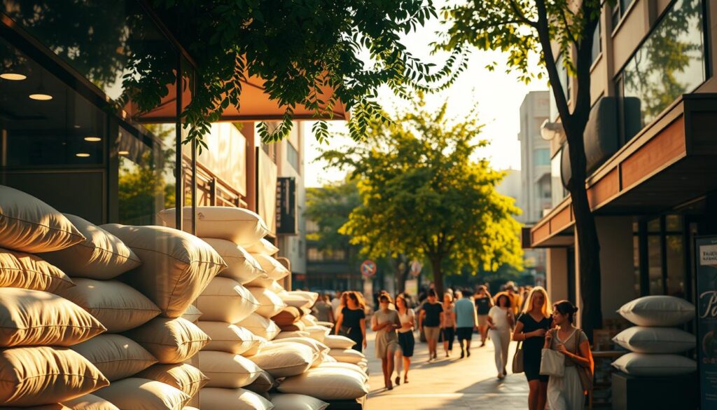 A bustling shopping district in Singapore, with rows of inviting storefronts showcasing an array of plush, luxurious pillows. The scene is bathed in warm, golden afternoon light, casting a cozy, welcoming atmosphere. In the foreground, a display window highlights a selection of high-quality pillows in various sizes, shapes, and materials, enticing passersby to step inside. The middle ground features shoppers browsing the aisles, examining the different options and comparing their comfort and features. In the background, the street is lined with vibrant, verdant trees and bustling with pedestrian traffic, creating a lively, urban setting that complements the pillow shopping experience.