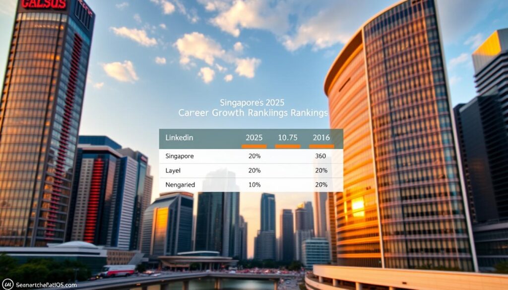 A bustling skyline of Singapore's financial district, with skyscrapers adorned in a warm, golden glow from the setting sun. In the foreground, a sleek, modern office building stands tall, its facade reflecting the city's vibrant energy. Atop the building, a minimalist infographic displays LinkedIn's 2025 career growth rankings, showcasing Singapore's position as a hub for professional development and advancement. The scene is captured through a wide-angle lens, emphasizing the scale and grandeur of the cityscape, with a shallow depth of field to draw the viewer's attention to the informative data visualization. The overall mood is one of progress, opportunity, and the city's continuous evolution as a premier destination for career-minded individuals.