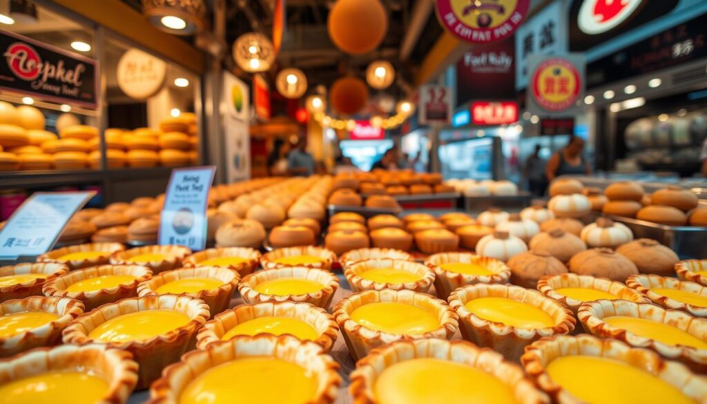 A bustling street corner in the heart of Singapore, showcasing a vibrant display of Hong Kong-style pastries. In the foreground, a delectable array of freshly baked egg tarts, with flaky golden crusts and silky custard centers, arranged neatly in a bakery display. The middle ground features a diverse selection of other Hong Kong-inspired treats, such as pineapple buns, coconut tarts, and fluffy steamed buns, all meticulously crafted. The background is a blend of warm, inviting lighting and the bustling energy of the city, creating a cozy and authentic atmosphere. The scene is captured with a wide-angle lens, allowing the viewer to immerse themselves in the rich flavors and vibrant culture of this Singaporean pastry haven.