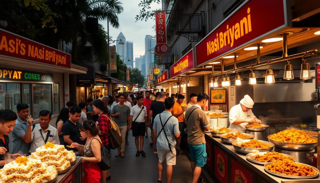 A bustling street in Singapore, filled with the aroma of simmering spices and the lively chatter of diners. In the foreground, a row of vibrant, well-appointed nasi briyani restaurants, their facades adorned with inviting signage and warm lighting. Patrons spill out onto the sidewalks, savoring fragrant plates of the beloved national dish. In the middle ground, chefs expertly prepare the layered rice and meat delicacies, using time-honored recipes and techniques. The background reveals the iconic skyline of Singapore, a testament to the city's multicultural heritage. The scene conveys a sense of culinary excellence, cultural tradition, and the joy of sharing a beloved local specialty.