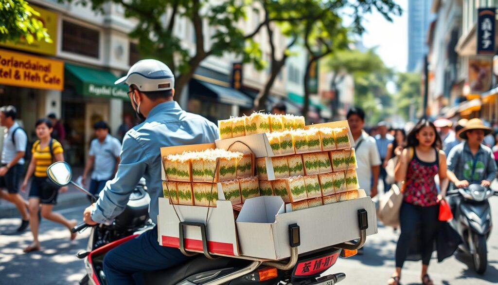A bustling street in Singapore, sun-dappled and vibrant. In the foreground, a motorbike with a large insulated delivery box strapped to the back, its rider donning a crisp uniform. Boxes of freshly baked kueh lapis, layered with colorful pandan and coconut, are carefully loaded into the delivery container. The fragrance of the traditional steamed cakes wafts through the air, enticing passersby. In the middle ground, pedestrians hurry by, some pausing to peer curiously at the delivery scene. The background reveals the iconic shophouses and bustling activity of a Singaporean neighborhood, hinting at the widespread popularity of this beloved local delicacy. The overall mood is one of energy, authenticity, and the seamless integration of tradition and modern life.