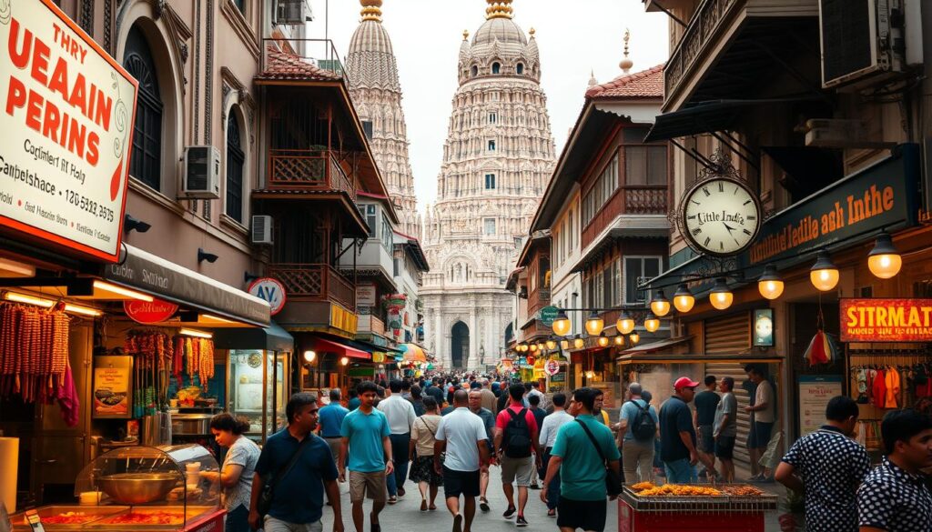A bustling street in Singapore's Little India, lined with vibrant food stalls and hawker carts. In the foreground, sizzling curries, skewered satay, and steaming biryani tempt passersby. The middle ground features intricately decorated facades, colorful textiles, and lively crowds navigating the narrow walkways. In the background, towering colonial-era shophouses and ornate Hindu temples create a captivating urban tapestry. Warm, diffused lighting casts a golden glow, while the angle captures the energy and dynamism of this iconic Singaporean food scene. Evoke the sights, sounds, and aromas of an authentic Little India street food experience.