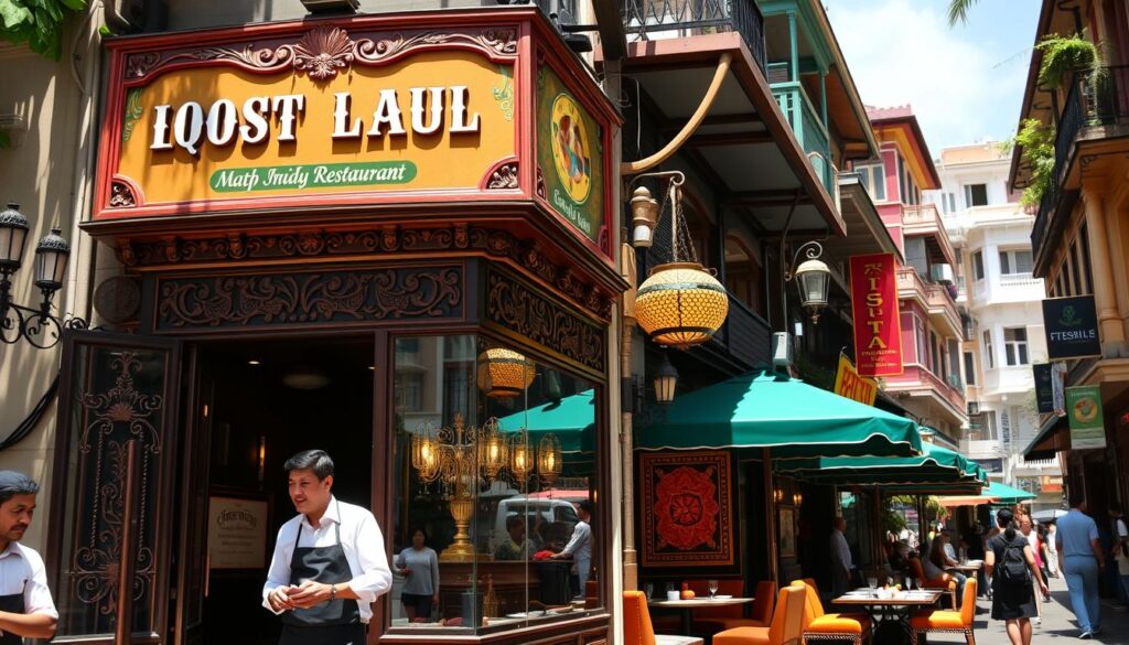 A bustling street in Singapore's Little India, sun-dappled and vibrant. In the foreground, a family-owned Indian restaurant, its facade adorned with intricate carvings and colorful murals. Fragrant aromas of sizzling spices and freshly baked naan waft through the air, enticing passersby. At the entrance, a smiling server welcomes guests, inviting them to experience the authentic flavors of the subcontinent. Beyond, a cozy dining room with plush seating and ornate chandeliers, where diners savor classic curries, tandoori specialties, and steaming biryani. In the background, the iconic shophouses of Little India, their facades a kaleidoscope of hues, creating a captivating backdrop for this culinary oasis.