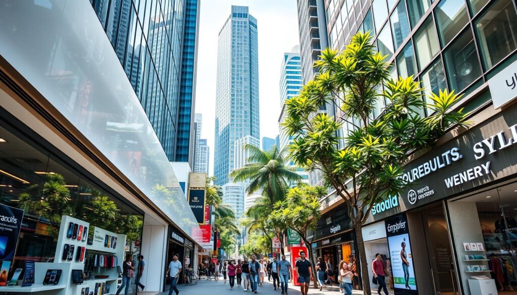 A bustling street in Singapore's tech district, lined with modern storefronts showcasing the latest gadgets and innovations. In the foreground, a sleek and minimalist electronics store with floor-to-ceiling windows, displaying the latest smartphones, tablets, and wearables. The middle ground features a vibrant mix of specialty shops, from cutting-edge VR and AR studios to trendy tech accessory boutiques. In the background, towering skyscrapers and lush greenery create a futuristic, dynamic atmosphere. Bright, natural lighting illuminates the scene, casting a warm, inviting glow over the bustling activity. The overall mood is one of technological progress, innovation, and a sense of excitement for the endless possibilities of the digital age.