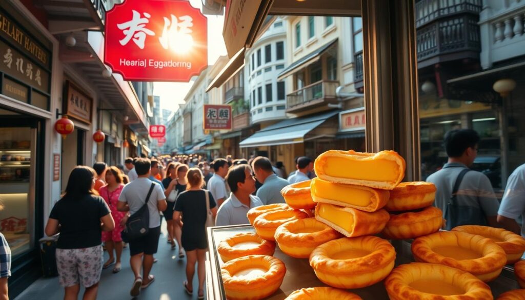 A bustling street in Singapore's vibrant Chinatown, with a quaint bakery displaying the golden-brown, flaky crusts of Hong Kong-style egg tarts. The sun's warm glow illuminates the display case, showcasing the rich custard filling and delicate pastry layers. Customers line up eagerly, anticipating the perfect balance of sweet and creamy flavors. The bakery's facade is adorned with traditional Chinese motifs, blending the unique cultural heritage of Hong Kong and Singapore. In the background, the iconic architecture of Singapore's shophouses adds to the charming atmosphere, inviting passersby to indulge in this beloved local delicacy.