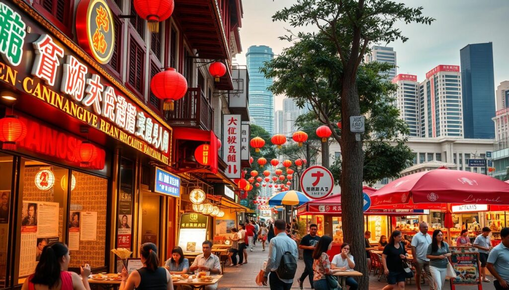 A bustling street in Singapore's vibrant Chinatown, with a row of charming Taiwanese restaurants lining the sidewalk. The facades feature traditional red lanterns, intricate architectural details, and neon signs in Chinese and English. In the foreground, diners enjoy a variety of Taiwanese delicacies, from steaming hot pot dishes to fragrant beef noodle soup, set against a backdrop of colorful umbrellas and vibrant street scenes. Warm, golden lighting creates a cozy, inviting atmosphere, while the middle ground captures the energy and activity of the local community. The background showcases the iconic skyline of Singapore, blending the modern and the traditional.
