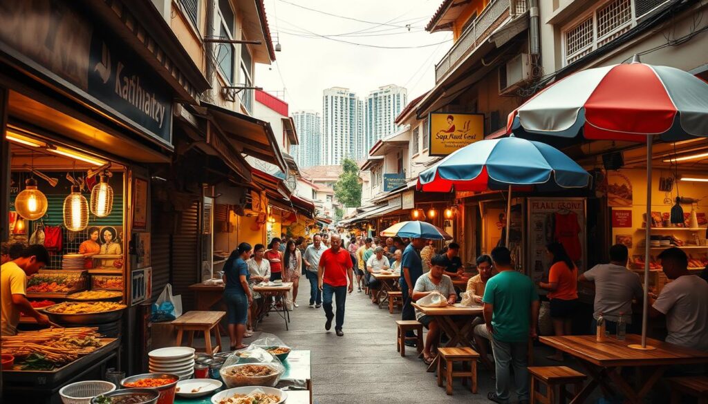 A bustling street in the heart of East Singapore, lined with vibrant hawker stalls and mom-and-pop eateries. In the foreground, a diverse array of local delicacies - steaming bowls of noodles, sizzling satay skewers, and fragrant rice dishes. The middle ground showcases the lively atmosphere, with patrons enjoying their meals at simple wooden tables under the shade of colorful umbrellas. In the background, the skyline is dotted with traditional shophouses and towering apartment blocks, creating a sense of urban energy. Warm, golden lighting casts a welcoming glow, capturing the essence of affordable, mouthwatering eats that bring the community together.