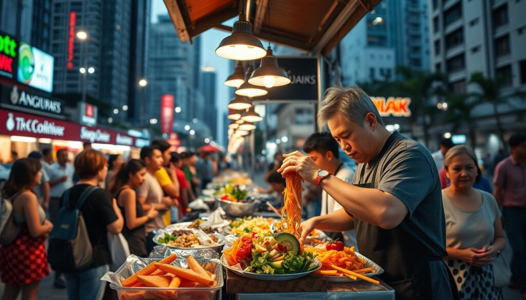 A bustling street scene in Singapore, showcasing the vibrant and iconic rojak stalls. In the foreground, a lively vendor skillfully assembles the perfect rojak dish, tossing together a colorful mix of fruits, vegetables, and toppings. The middle ground features a line of customers eagerly waiting to savor the renowned local delicacy, their faces lit by the warm glow of the stall's overhead lights. In the background, a busy cityscape of towering buildings and bustling pedestrians sets the scene, capturing the lively energy of Singapore's iconic hawker culture. The image is shot with a wide-angle lens, creating a sense of depth and immersion, and the lighting is natural and evocative, highlighting the textures and colors of the ingredients.