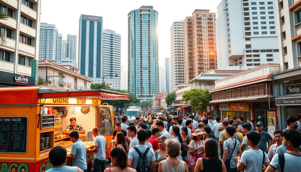 A bustling street scene in Singapore, showcasing the vibrant taco truck culture. In the foreground, a brightly colored taco truck, its awning unfurled, serves up freshly grilled meats, vibrant salsas, and warm tortillas to a crowd of eager customers. The middle ground is filled with a lively mix of locals and tourists, chatting and sampling the delectable offerings. In the background, a mix of modern high-rises and traditional shophouses create a dynamic urban backdrop, bathed in the warm glow of the afternoon sun. The atmosphere is lively, inviting, and distinctly Singaporean, capturing the essence of the city's thriving street food scene.