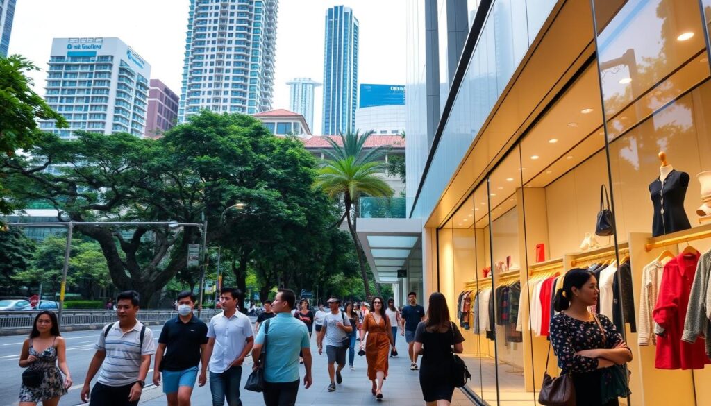 A bustling street scene in Singapore's Design Orchard, showcasing the vibrant local fashion. In the foreground, a well-lit display window features an array of contemporary, Singapore-designed apparel, accessories, and home goods. Passersby stroll along the sidewalk, admiring the diverse offerings. The middle ground reveals the sleek, minimalist facade of the Design Orchard building, its clean lines and warm lighting reflecting the aesthetic of the local brands within. In the background, the lush greenery of nearby parks and high-rise buildings create a dynamic urban backdrop, highlighting the integration of nature and modern design that characterizes Singapore's unique style. The overall image conveys a sense of energy, creativity, and pride in the city's thriving local fashion scene.