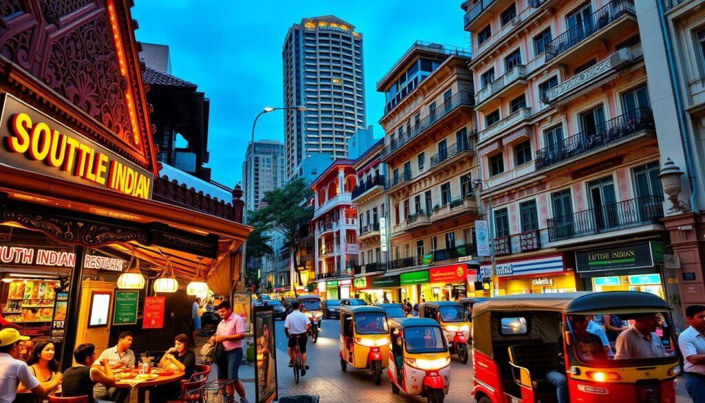 A bustling street scene in Singapore's vibrant Little India district, illuminated by warm, ambient lighting. In the foreground, a charming South Indian restaurant with intricate architectural details and colorful signage. Patrons dine at outdoor tables, savoring authentic dishes. The middle ground features a lively mix of pedestrians, hawkers, and auto-rickshaws weaving through the narrow streets. In the background, towering shophouses with ornate facades line the roads, creating a sense of timeless, multicultural atmosphere. Capture the essence of this neighborhood, where the aroma of spices and the hum of activity transport visitors to the heart of South Indian culture.