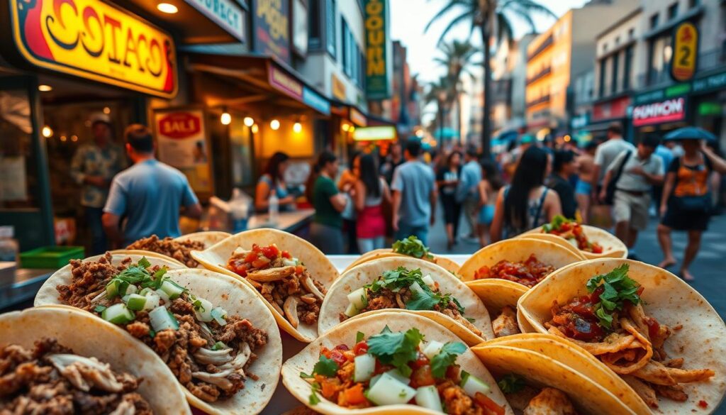 A bustling street scene in a vibrant urban setting, with a series of cozy taco stands lining the sidewalk. In the foreground, an array of freshly prepared tacos in a variety of fillings, including seasoned ground beef, shredded chicken, and grilled vegetables, all nestled in warm, soft tortillas and garnished with diced onions, cilantro, and a drizzle of zesty salsa. In the middle ground, a diverse crowd of hungry patrons eagerly awaiting their orders, creating a lively, energetic atmosphere. The background features a mix of colorful buildings and storefronts, with warm, inviting lighting casting a golden glow over the scene. Captured with a wide-angle lens to emphasize the bustling energy of this budget-friendly taco oasis.
