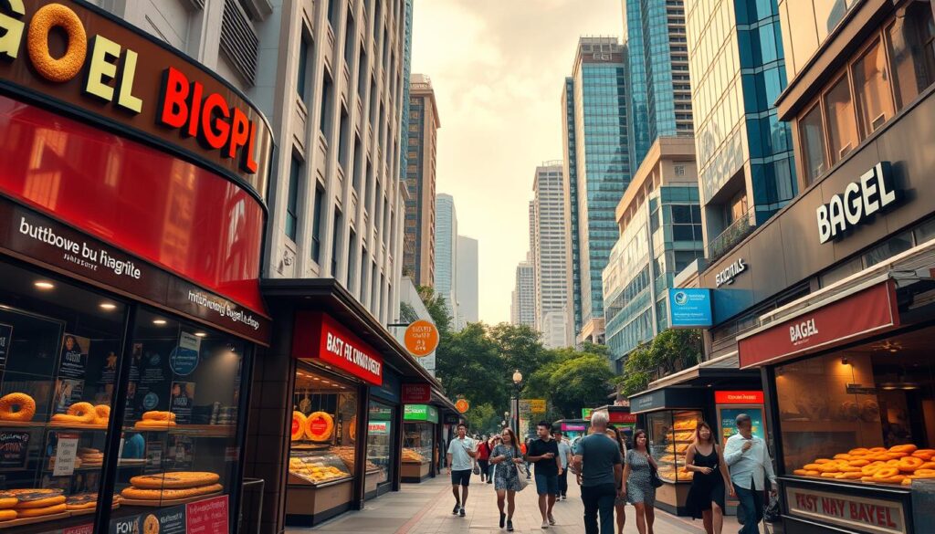 A bustling street scene in central Singapore, showcasing the vibrant culinary landscape. In the foreground, the entrances to several renowned bagel shops, their inviting storefronts adorned with mouthwatering displays of freshly baked bagels in a variety of flavors. The middle ground features pedestrians leisurely strolling by, carrying their prized bagel purchases. In the background, the iconic skyscrapers and modern architecture of the city skyline create a dynamic, cosmopolitan atmosphere. Warm, natural lighting illuminates the scene, casting a cozy glow and highlighting the enticing aromas wafting from the bakeries. The overall mood is one of a thriving, foodie-centric metropolis, where the humble bagel has become a cherished local delicacy.