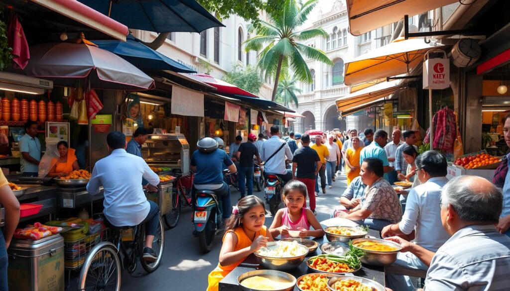 A bustling street scene in the heart of Little India, Tekka Centre's vibrant outdoor food stalls. Sizzling tandoor ovens, fragrant curries, and colorful produce spill out onto the crowded walkways. Rickshaw drivers weave through the throngs of locals and tourists, as the warm tropical sun filters through the canopy of umbrellas overhead. The air is thick with the aroma of freshly grilled kebabs and the chatter of enthusiastic vendors. In the foreground, a family shares a feast of biryani and dosa, while in the background, a glimpse of the iconic Tekka Market's historic architecture frames the lively street.