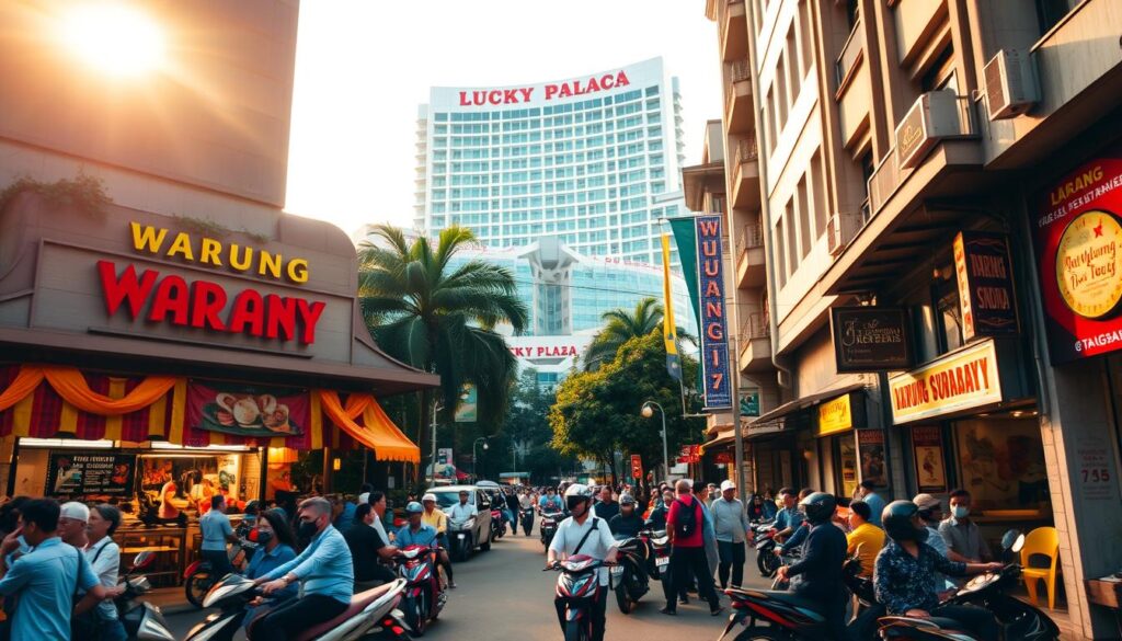 A bustling, vibrant street scene in Surabaya, Indonesia. In the foreground, the classic facade of Warung Surabaya, a renowned local eatery, its signage and colorful banners beckoning passersby. Pedestrians and motorbikes weave through the lively middle ground, creating a sense of energy and activity. In the background, the iconic Lucky Plaza shopping complex rises, its modern architecture juxtaposed against the more traditional buildings. Warm, golden lighting filters through, casting a cozy, inviting glow over the entire scene. The atmosphere is one of authenticity, community, and the fusion of old and new, perfectly capturing the essence of this hidden culinary gem.