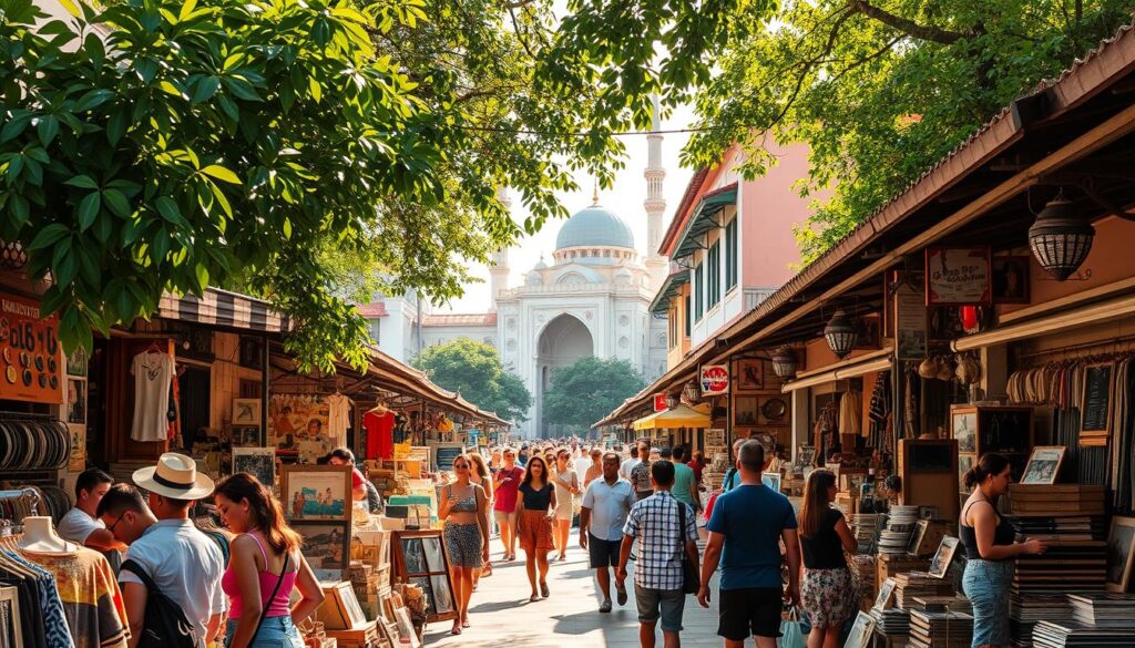 A bustling vintage marketplace in Singapore's historic Kampong Glam district, bathed in warm afternoon sunlight filtering through lush tropical foliage. In the foreground, shoppers browse an eclectic array of retro fashion, classic vinyl records, and antique knickknacks spilling out from quaint shop stalls. The middle ground features a mix of contemporary and heritage architecture, with shopkeepers and passersby creating a lively, vibrant atmosphere. In the background, the iconic Sultan Mosque and rows of colorful shophouses set the scene for this enchanting vintage shopping experience.