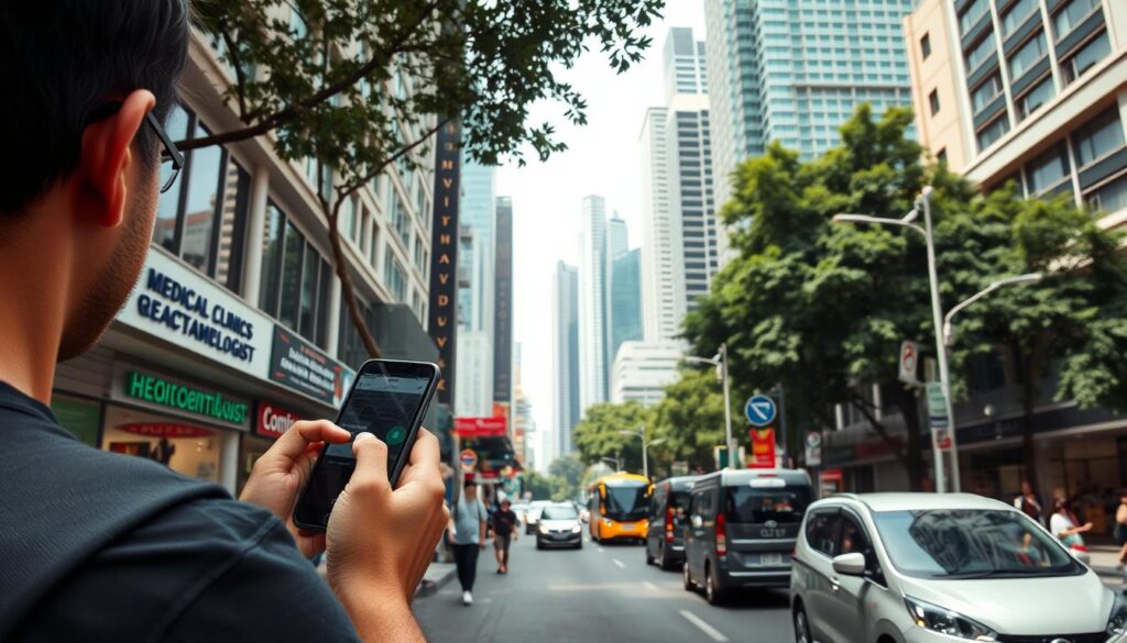 A busy street in the heart of Singapore, bustling with pedestrians and vehicles. In the foreground, a person is using a smartphone, searching for a local gastroenterologist. The middle ground features a series of medical clinics and hospitals, each with distinctive signage. In the background, towering skyscrapers and lush greenery create a vibrant, metropolitan backdrop. The scene is captured with a wide-angle lens, conveying a sense of scale and immersion. The lighting is natural, with soft shadows and highlights that accentuate the detailed architecture and street life. The overall mood is one of dynamism and purpose, as the individual navigates the urban landscape to find the best healthcare provider for their needs.