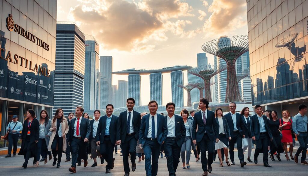 A captivating cityscape, the Straits Times' top employers of 2025 stand tall amid the gleaming high-rises of Singapore. In the foreground, the elegant logos of industry-leading companies grace modern glass facades, reflecting the city's vibrant business landscape. Midground, smart-casual professionals stride purposefully, their faces alight with a sense of purpose and pride. In the distance, the iconic Marina Bay Sands hotel and Supertrees of Gardens by the Bay frame the scene, casting a warm, golden glow over the bustling metropolis. The image conveys a sense of innovation, dynamism, and the city's status as a global business hub, perfectly capturing the essence of the Straits Times' prestigious employer rankings.