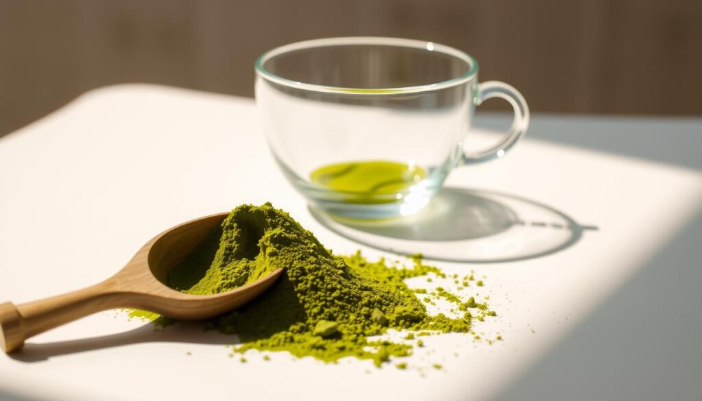 A ceremonial grade matcha powder, its vivid green hue glistening under warm, natural lighting. The powder is delicately arranged on a minimalist, white ceramic surface, casting gentle shadows that add depth and dimension. In the foreground, a traditional Japanese tea scoop rests next to the matcha, hinting at the ritual and care involved in preparing this premium tea. The middle ground features a sleek, modern glass teacup, its clean lines and transparency complementing the organic texture of the matcha. The background is a softly blurred, muted backdrop, allowing the matcha to take center stage and conveying a sense of serene, contemplative focus.