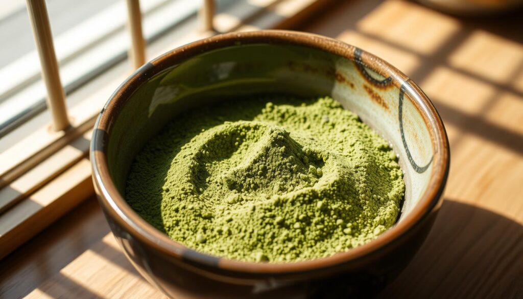 A ceremonial grade matcha powder, meticulously stone-ground from the finest shade-grown Gyokuro leaves, nestled in a traditional Japanese ceramic chawan bowl. The vibrant green hue emanates a serene, earthy aroma, complemented by the gleam of the polished surface and the gentle shadows cast by the natural light filtering through the window. The scene exudes a sense of tranquility and mindfulness, capturing the essence of the premium matcha experience.