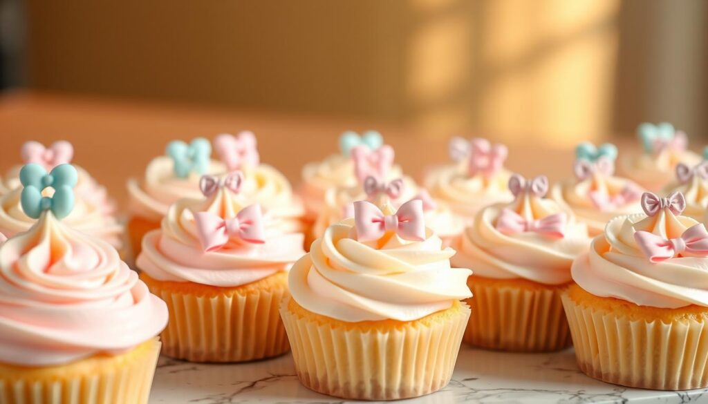 A charming assortment of baby celebration cupcakes, each adorned with delicate pastel decorations. In the foreground, vibrant buttercream frosting swirls atop fluffy vanilla sponges, topped with miniature fondant figures, tiny ruffled bows, and shimmering sprinkles. The middle ground features an arrangement of the cupcakes, nestled on a marble-effect tray, creating a visually appealing and appetizing display. The background is softly blurred, setting a serene and celebratory mood, with warm, directional lighting casting a gentle glow over the scene. The overall composition evokes a sense of joy and whimsy, perfect for a baby shower or full month celebration.