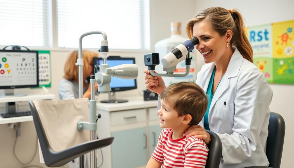 A cheerful, well-lit examination room with a pediatric eye doctor examining a young patient's eyes using a slit lamp and ophthalmoscope. The doctor is wearing a white lab coat and has a warm, caring expression. In the foreground, a smiling child sits on an adjustable exam chair, their eyes focused on the doctor. The middle ground features medical equipment like an eye chart, vision screening devices, and a display monitor. The background depicts a calming, child-friendly environment with colorful posters and educational illustrations on the walls.