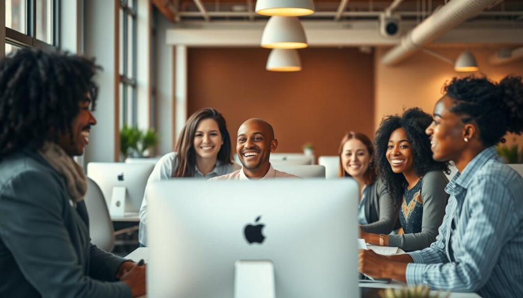 A cheerful, well-lit office interior with a group of diverse, smiling employees collaborating at their desks. Warm, natural lighting filters through large windows, casting a welcoming glow. In the foreground, colleagues engage in animated discussion, their body language conveying a sense of camaraderie and job satisfaction. In the middle ground, employees work independently, their faces reflecting a calm, focused demeanor. The background showcases modern, ergonomic furnishings and decor that create a comfortable, productive environment. An overall atmosphere of positivity, teamwork, and job fulfillment permeates the scene.