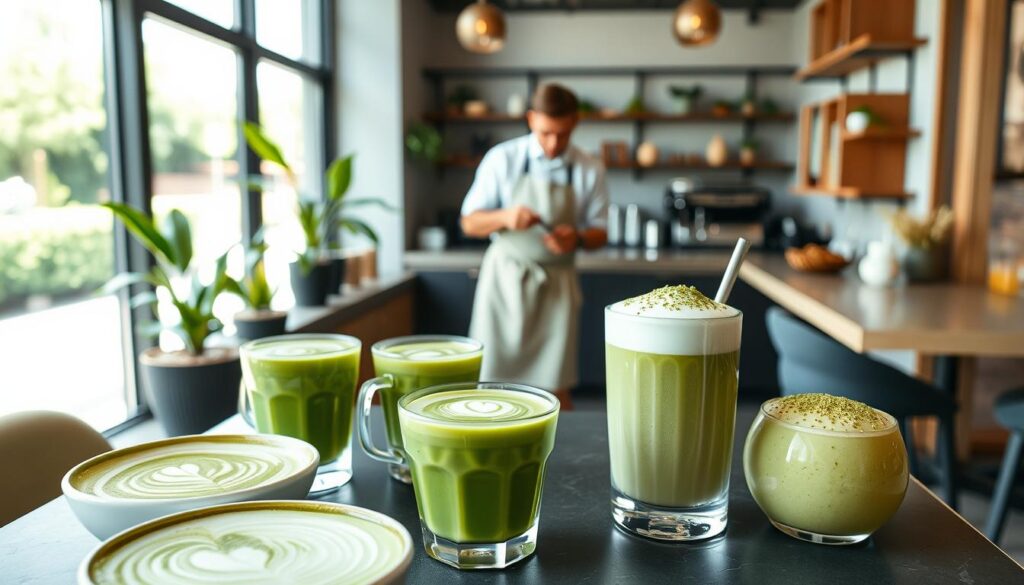 A chic, contemporary café setting with an array of creatively crafted matcha drinks. In the foreground, an assortment of vibrant green matcha beverages are artfully presented - from a frothy matcha latte with intricate latte art, to a matcha-infused smoothie topped with a sprinkling of matcha powder. In the middle ground, a barista in a crisp, white apron meticulously prepares another unique matcha creation, while natural light filters in through large windows, casting a warm, inviting glow. In the background, minimal yet stylish decor elements like potted plants and wood accents complement the overall sophisticated, modern ambiance.