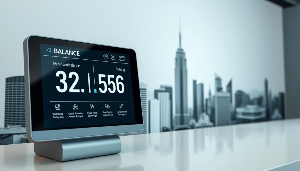 A clean, modern banking interface displays a detailed balance summary. In the foreground, a sleek digital display shows the account's minimum balance requirement, emphasized with bold typography. The middle ground features various banking icons and interface elements, hinting at seamless digital banking features. The background depicts a minimalist, high-contrast cityscape, evoking a sense of urban sophistication. Soft, directional lighting accentuates the clean, elegant design, creating a professional, trustworthy atmosphere for this essential financial information.