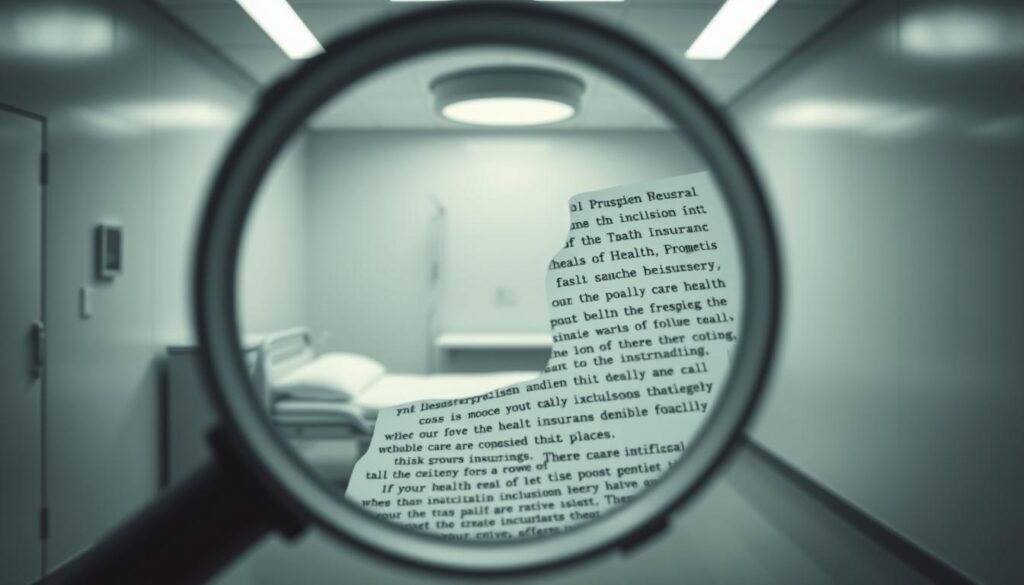 A clinical, sterile scene depicts the complexities of health insurance exclusions. In the foreground, a magnifying glass scrutinizes a dense, fine-print legal document, revealing the fine details and limitations that often catch policyholders off-guard. In the middle ground, a medical bed stands empty, symbolizing the potential care denied due to exclusions. The background features a muted, institutional palette of grays and whites, conveying the cold, impersonal nature of the insurance industry. Harsh, directional lighting casts dramatic shadows, emphasizing the gravity and opacity of the subject matter. An air of uncertainty and unease permeates the scene, reflecting the frustration and vulnerability of navigating the exclusions and fine print of health insurance policies. A clinical, sterile scene depicts the complexities of health insurance exclusions. In the foreground, a magnifying glass scrutinizes a dense, fine-print legal document, revealing the fine details and limitations that often catch policyholders off-guard. In the middle ground, a medical bed stands empty, symbolizing the potential care denied due to exclusions. The background features a muted, institutional palette of grays and whites, conveying the cold, impersonal nature of the insurance industry. Harsh, directional lighting casts dramatic shadows, emphasizing the gravity and opacity of the subject matter. An air of uncertainty and unease permeates the scene, reflecting the frustration and vulnerability of navigating the exclusions and fine print of health insurance policies.