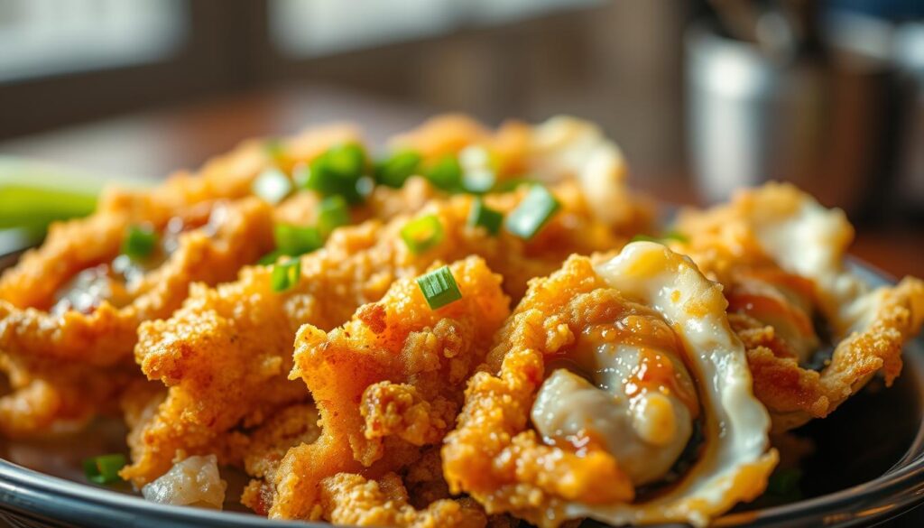 A close-up of a plate of freshly fried oysters, glistening with a crisp golden-brown batter. The plump, juicy oysters are arranged in a neat row, their natural briny flavor accentuated by a sprinkle of chopped scallions and a drizzle of tangy sauce. The lighting is warm and inviting, casting a soft glow on the dish and hinting at the satisfying texture and taste. The background is blurred, placing the focus entirely on the star of the show - the perfectly executed "kee fried oyster" that would delight any true connoisseur of Singaporean cuisine.