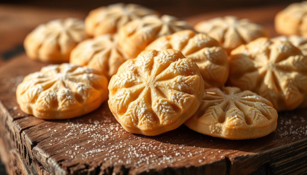 A close-up of delicate, golden-brown tapioca flour cookies arranged neatly on a rustic wooden surface. The cookies have a soft, melt-in-your-mouth texture, dusted with a light coating of powdered sugar. The lighting is soft and natural, casting warm shadows that accentuate the intricate patterns and shapes of the cookies. The background is slightly blurred, allowing the cookies to take center stage and showcasing their simple, yet elegant appearance. The overall mood is cozy and inviting, capturing the essence of traditional Singaporean kueh bangkit.