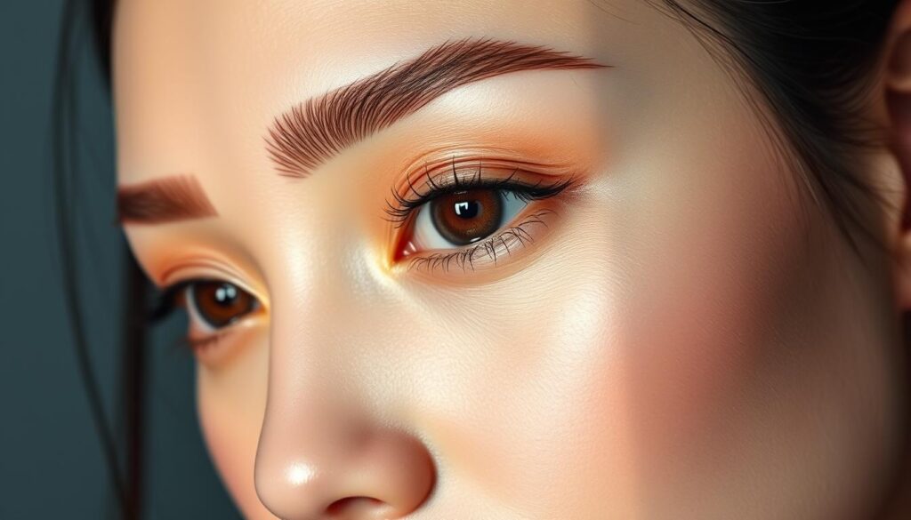 A close-up portrait of a woman's face, with a strong focus on her eyebrows. The eyebrows are meticulously shaped, displaying a unique "Korea Combo" effect - a harmonious blend of precise arches and delicate, feathery strokes. The skin is flawless, with a glowing, dewy complexion. Soft, directional lighting illuminates the features, casting subtle shadows that accentuate the eyebrow contours. The background is blurred, keeping the attention firmly on the subject's mesmerizing gaze and expertly crafted brows. The overall mood is one of refined elegance and sophisticated beauty, befitting a premium eyebrow embroidery treatment.