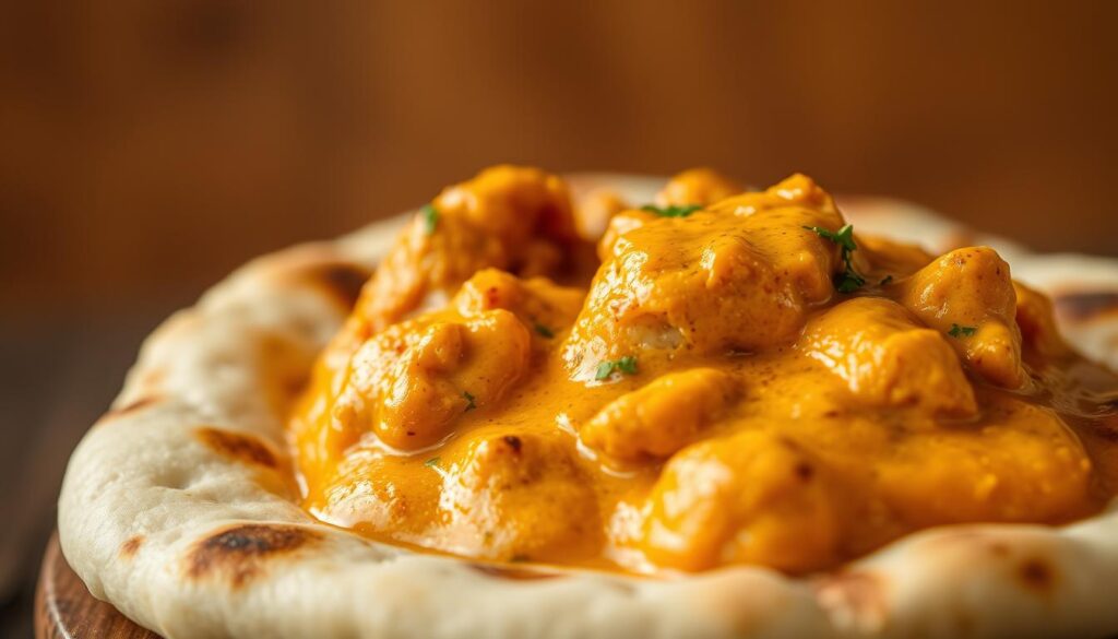 A close-up shot of a delectable butter chicken naan pairing, shot under warm, golden lighting that casts a cozy, inviting glow. The naan, fresh from the tandoor, is lightly charred and fluffy, nestled beneath a generous portion of rich, creamy butter chicken. The chicken is succulent, the sauce velvety smooth, the spices harmoniously balanced. In the foreground, the textures of the naan and chicken contrast beautifully, while the background fades into a softly blurred, earthy tone, creating a sense of focus on the star of the scene. The overall composition is both mouthwatering and visually appealing, perfectly capturing the essence of this iconic pairing.