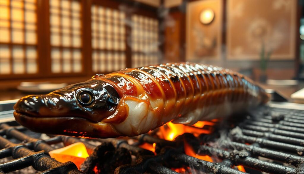 A close-up shot of a delectable grilled Japanese eel, known as "unagi," sizzling over an open charcoal grill. The eel's glossy, caramelized exterior glistens under the warm, golden lighting, revealing its tender, flaky flesh. The scene is set against a backdrop of traditional Japanese decor, with wooden lattice screens and a minimalist, zen-inspired ambiance. The camera angle highlights the eel's artful presentation, showcasing the chef's skilled preparation and the restaurant's dedication to authentic, high-quality unagi.