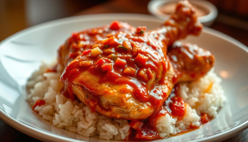 A close-up shot of a delectable plate of boneless chicken smothered in a vibrant, spicy sambal sauce. The chicken is glistening with a crisp, golden-brown skin, resting atop a bed of fluffy white rice. The sambal sauce, a bold blend of chilies, shallots, garlic, and fragrant Southeast Asian spices, clings to the tender meat, enticing the senses. The scene is illuminated by warm, diffused lighting, creating a cozy, inviting atmosphere. The composition is framed to showcase the dish's alluring presentation, with the background softly blurred to maintain the focus on the star of the plate. This mouthwatering image captures the essence of Zoul's Corner's delectable Ayam Penyet, a must-try dish for any fan of authentic Indonesian cuisine.