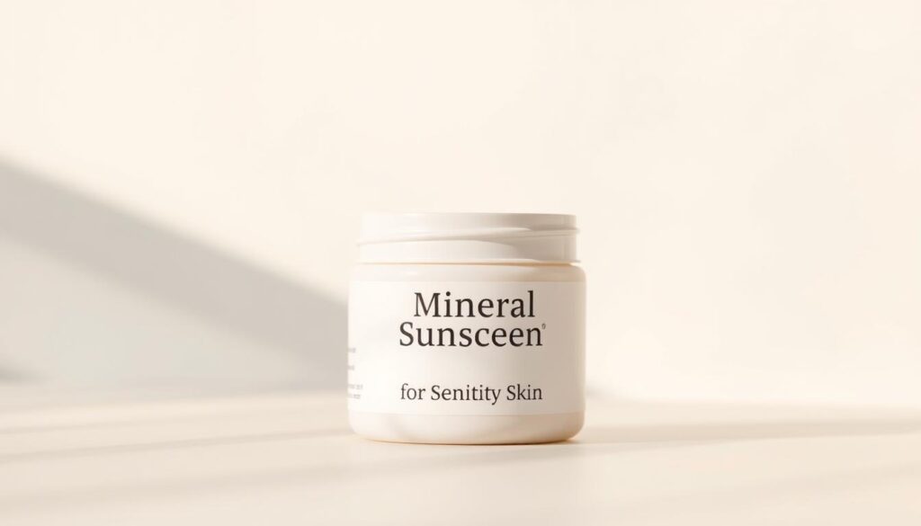 A close-up shot of a mineral sunscreen jar against a soft, hazy background. The jar's surface has a matte, smooth texture, reflecting the sunlight gently. The label prominently displays the words "Mineral Sunscreen for Sensitive Skin" in a simple, sans-serif font. The product is centered in the frame, with a shallow depth of field that subtly blurs the background, creating a clean, minimalist composition. The lighting is soft and diffused, casting a warm, natural glow on the sunscreen jar, conveying a sense of purity and gentleness. The overall tone is serene and inviting, reflecting the product's suitability for sensitive skin.