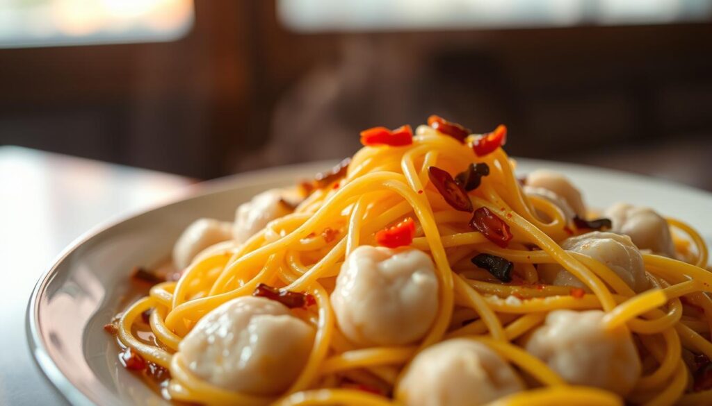 A close-up shot of a plate of dry mee pok, its slender yellow noodles coated in a tangy vinegar-chili sauce. The noodles are nestled among springy fishballs, their white flesh contrasting with the vibrant red chili flakes scattered throughout. The plate is set against a warm, softly-lit backdrop, evoking the cozy atmosphere of a traditional Singaporean hawker stall. The lighting casts gentle shadows, highlighting the textural interplay of the noodles, fishballs, and flecks of chili. A sense of anticipation and satisfaction emanates from the image, inviting the viewer to imagine the bold, savory flavors of this beloved local dish.